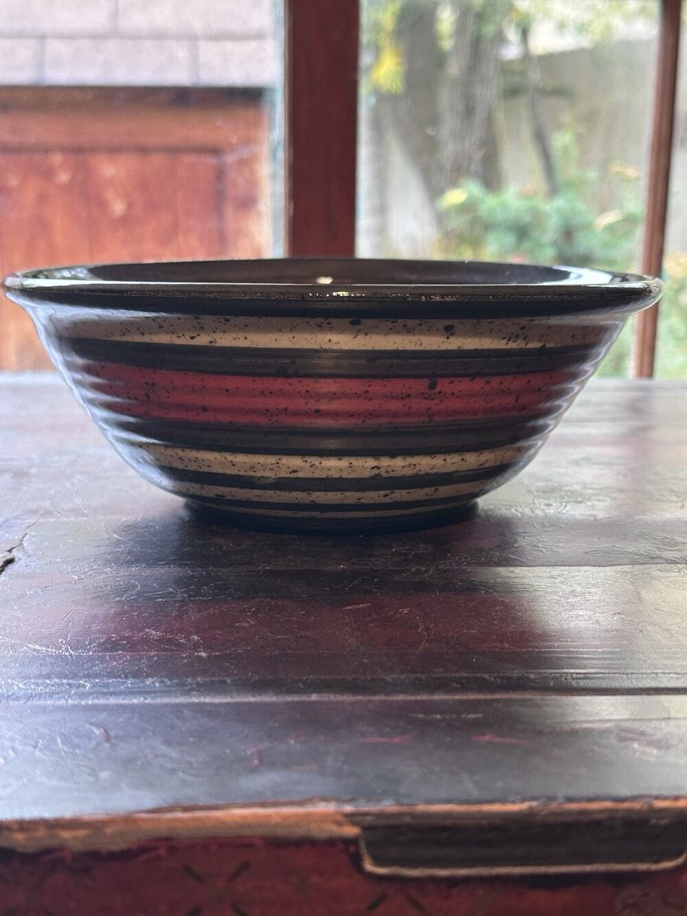 Vintage Studio Art Pottery Bowl Signed Lucetta Red Glaze Maple Leaf Impression